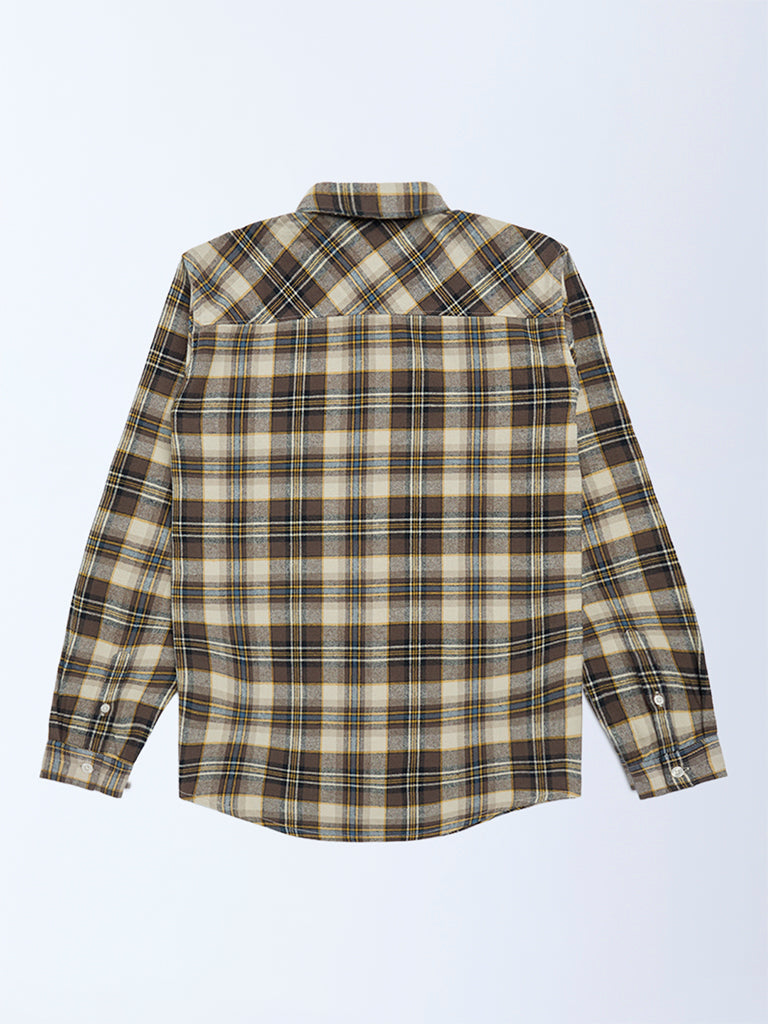 Y&F Kids Brown Checkered Cotton Shirt