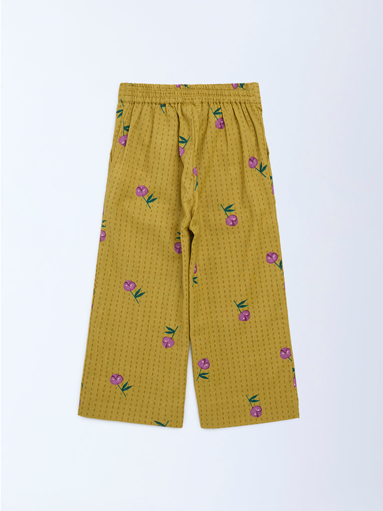 Utsa Kids Mustard Floral Cotton-Blend Pants - (2-8 years)