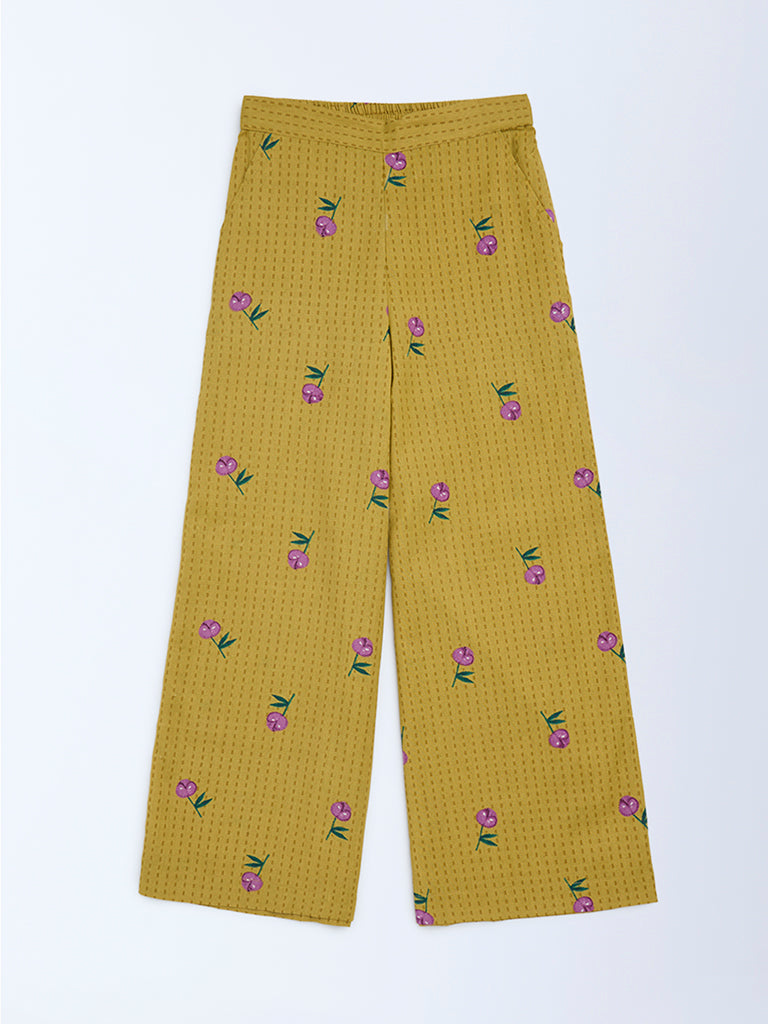 Utsa Kids Mustard Floral Cotton-Blend Pants - (8-14 years)