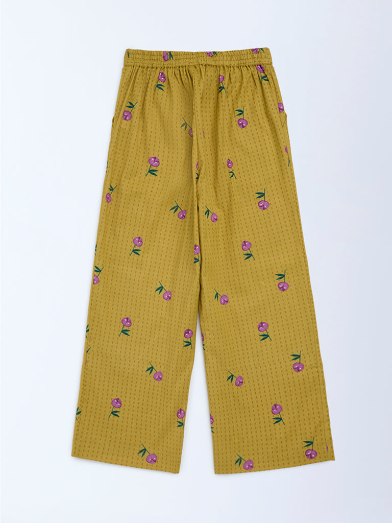 Utsa Kids Mustard Floral Cotton-Blend Pants - (8-14 years)