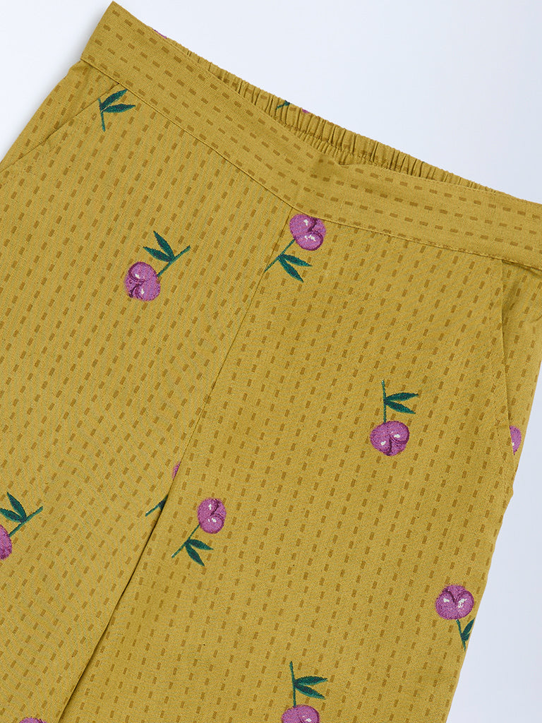Utsa Kids Mustard Floral Cotton-Blend Pants - (8-14 years)