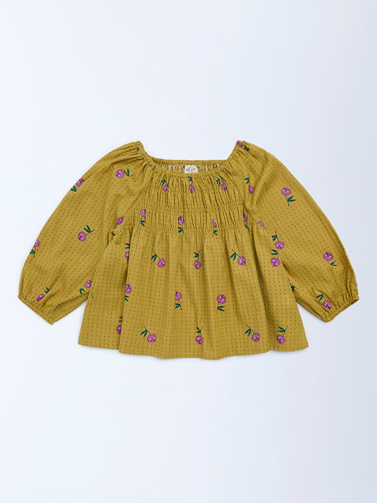 Utsa Kids Mustard Floral Cotton-Blend Top - (8-14 years)