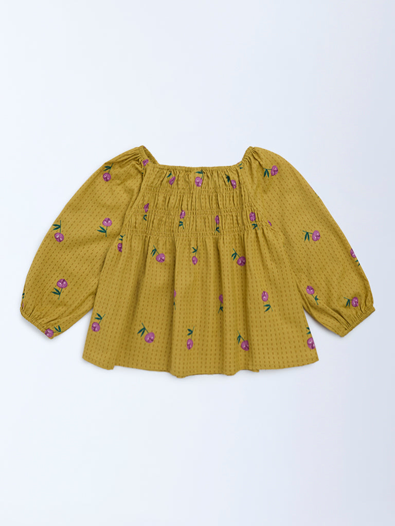Utsa Kids Mustard Floral Cotton-Blend Top - (8-14 years)