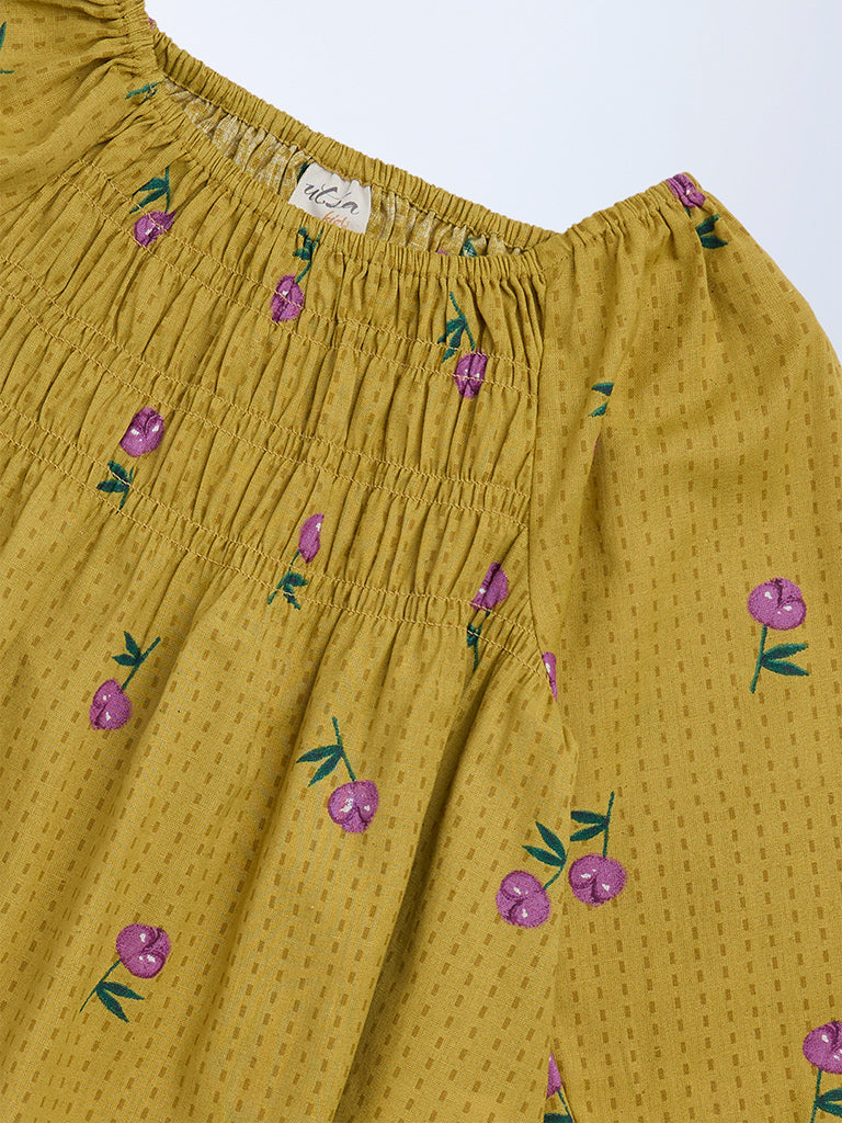 Utsa Kids Mustard Floral Cotton-Blend Top - (8-14 years)