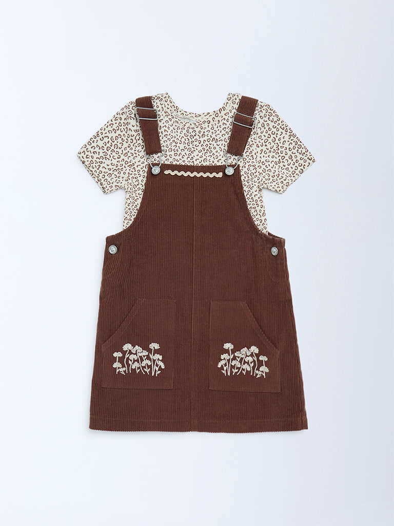 HOP Kids Dark Brown Corduroy Pinafore with T-Shirt Set