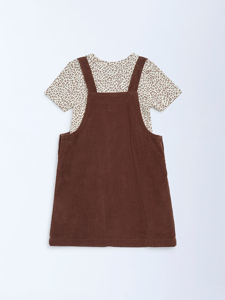 HOP Kids Dark Brown Corduroy Pinafore with T-Shirt Set