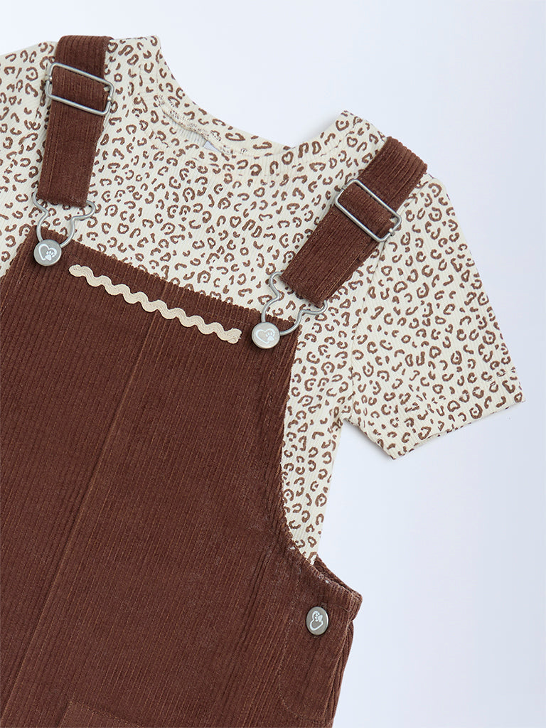 HOP Kids Dark Brown Corduroy Pinafore with T-Shirt Set