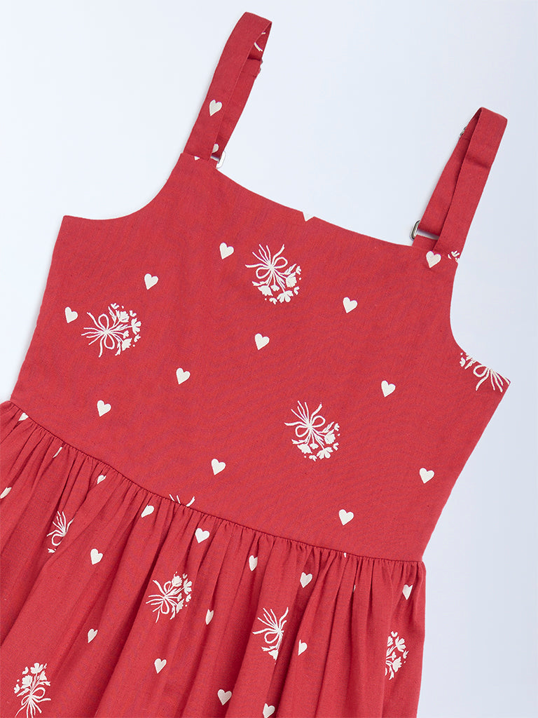 Utsa Kids Red Printed A-Line Cotton-Blend Dress - (8-14 years)