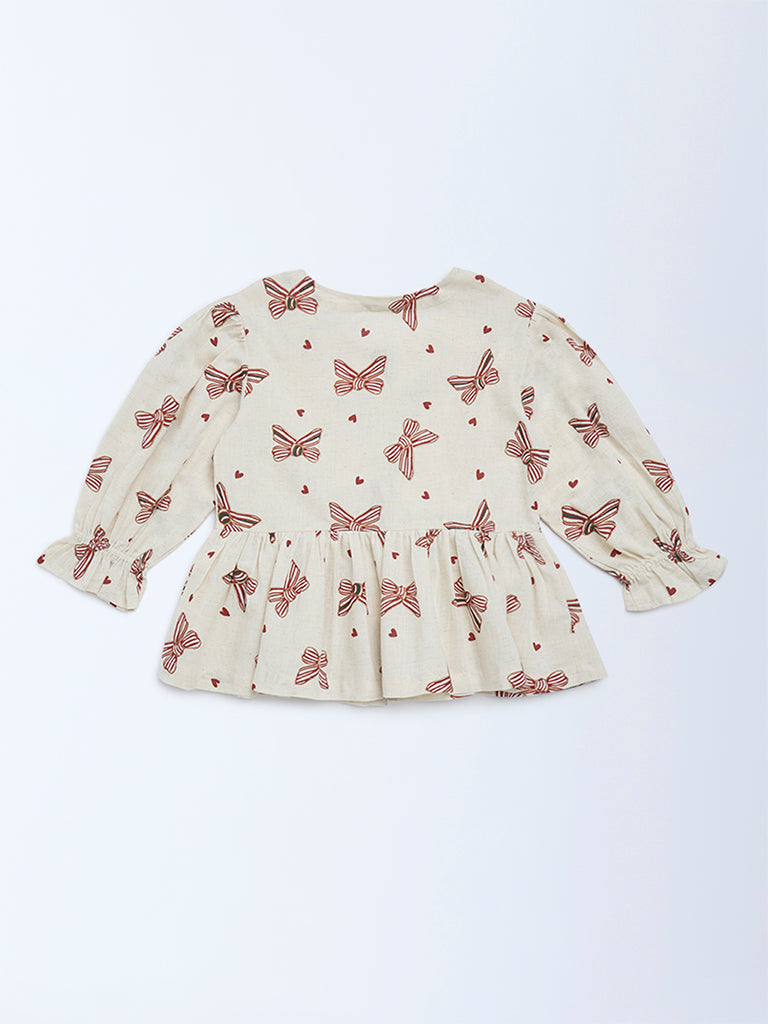Utsa Kids Off-White Printed Cotton-Blend Top - (8-14 years)