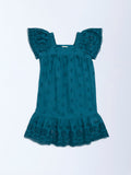 Utsa Kids Teal Schiffli Drop-Waist Cotton Dress (2-8 years)