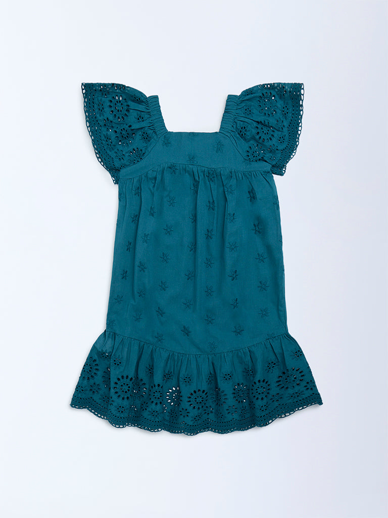 Utsa Kids Teal Schiffli Drop-Waist Cotton Dress (2-8 years)