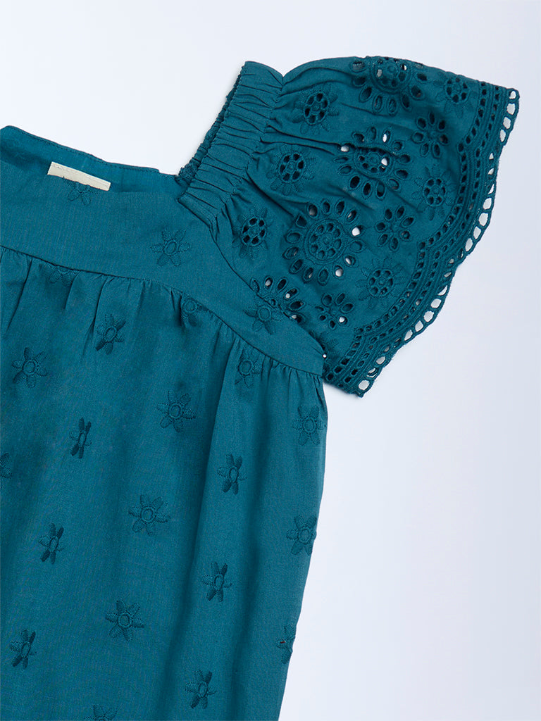 Utsa Kids Teal Schiffli Drop-Waist Cotton Dress (2-8 years)