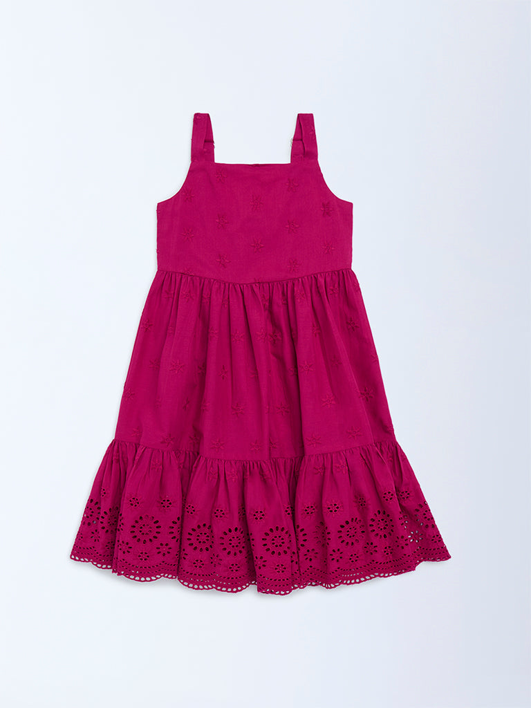 Utsa Kids Magenta Schiffli Tiered Cotton Dress (2-8 years)