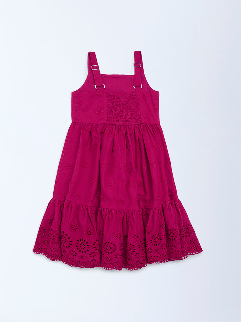 Utsa Kids Magenta Schiffli Tiered Cotton Dress (2-8 years)
