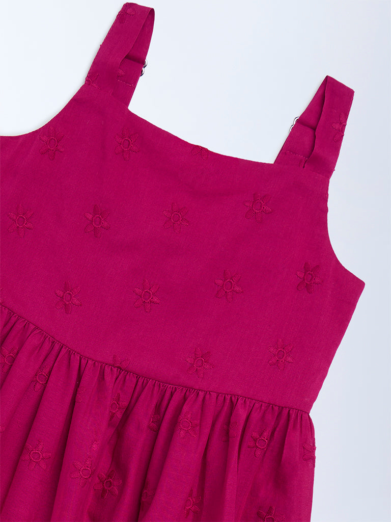Utsa Kids Magenta Schiffli Tiered Cotton Dress (2-8 years)