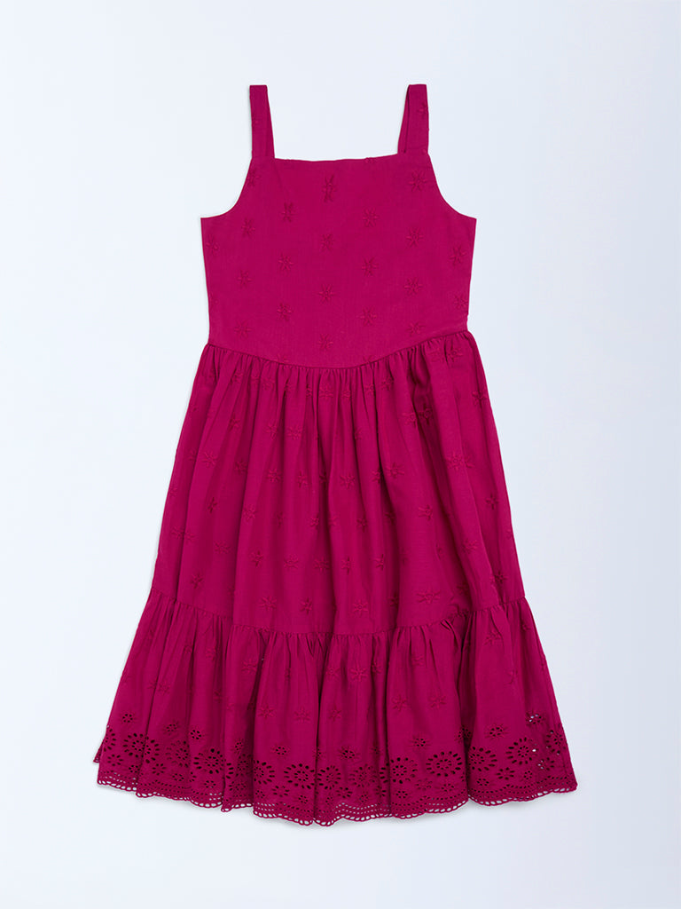 Utsa Kids Magenta Schiffli Tiered Cotton Dress (8-14 years)