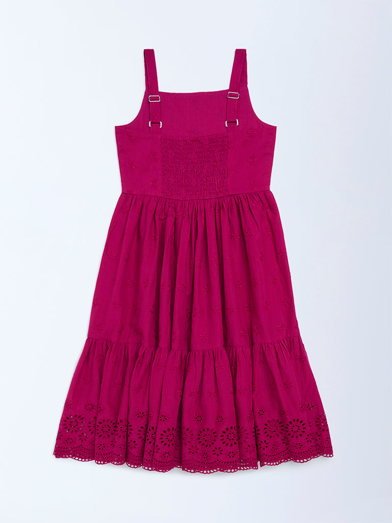 Utsa Kids Magenta Schiffli Tiered Cotton Dress (8-14 years)