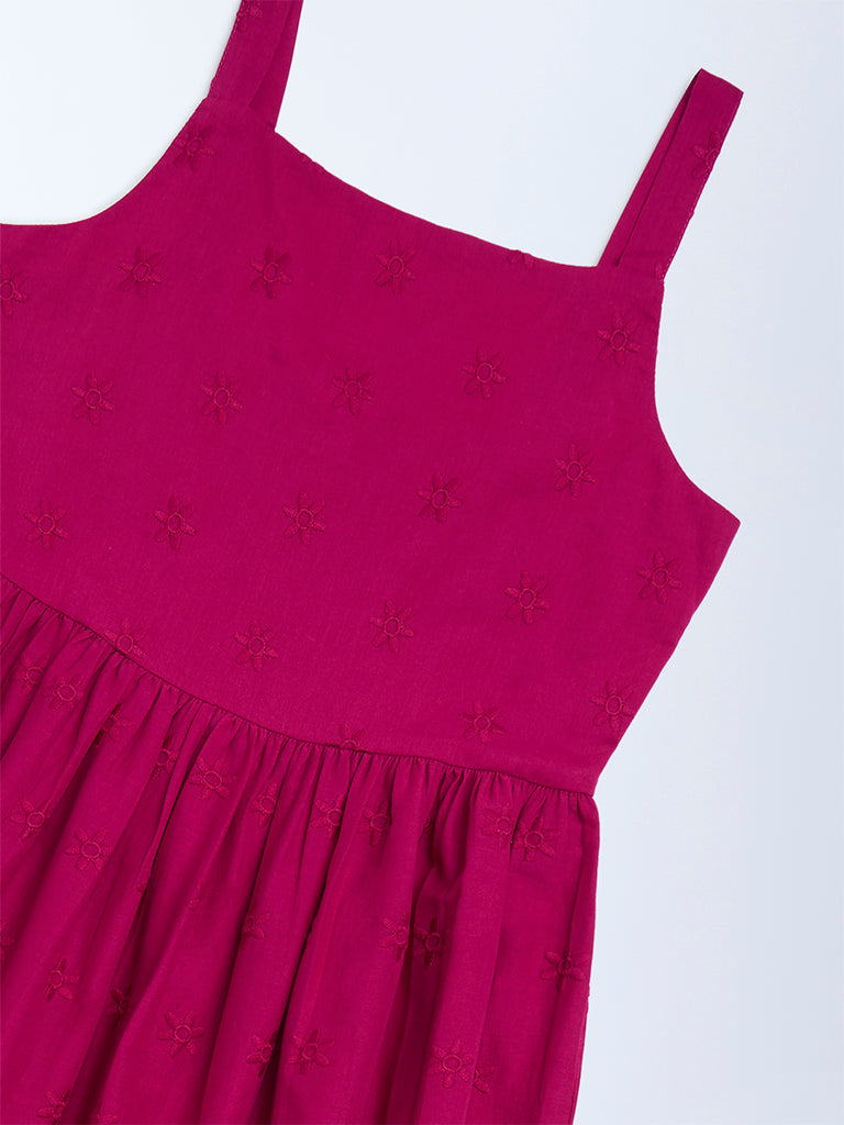 Utsa Kids Magenta Schiffli Tiered Cotton Dress (8-14 years)