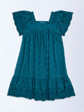 Utsa Kids Teal Schiffli Drop-Waist Cotton Dress (8-14 years)