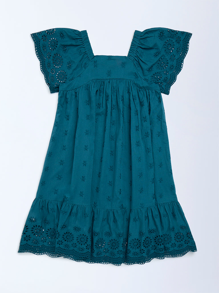 Utsa Kids Teal Schiffli Drop-Waist Cotton Dress (8-14 years)