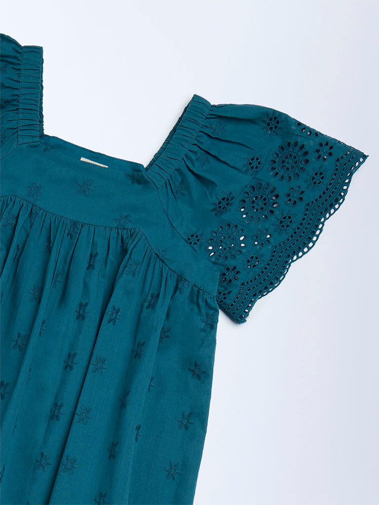 Utsa Kids Teal Schiffli Drop-Waist Cotton Dress (8-14 years)