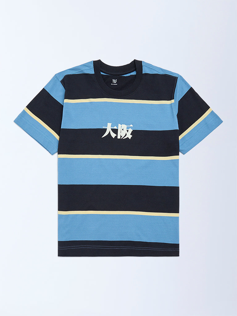 Y&F Kids Blue Colour-Blocked Cotton T-Shirt