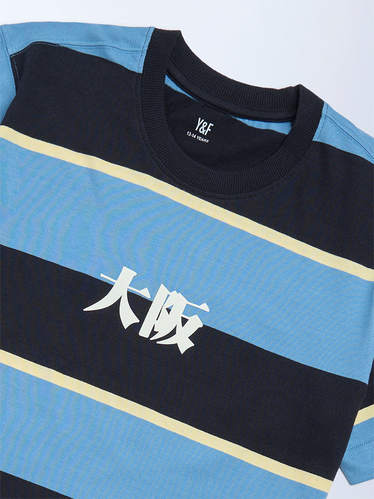 Y&F Kids Blue Colour-Blocked Cotton T-Shirt