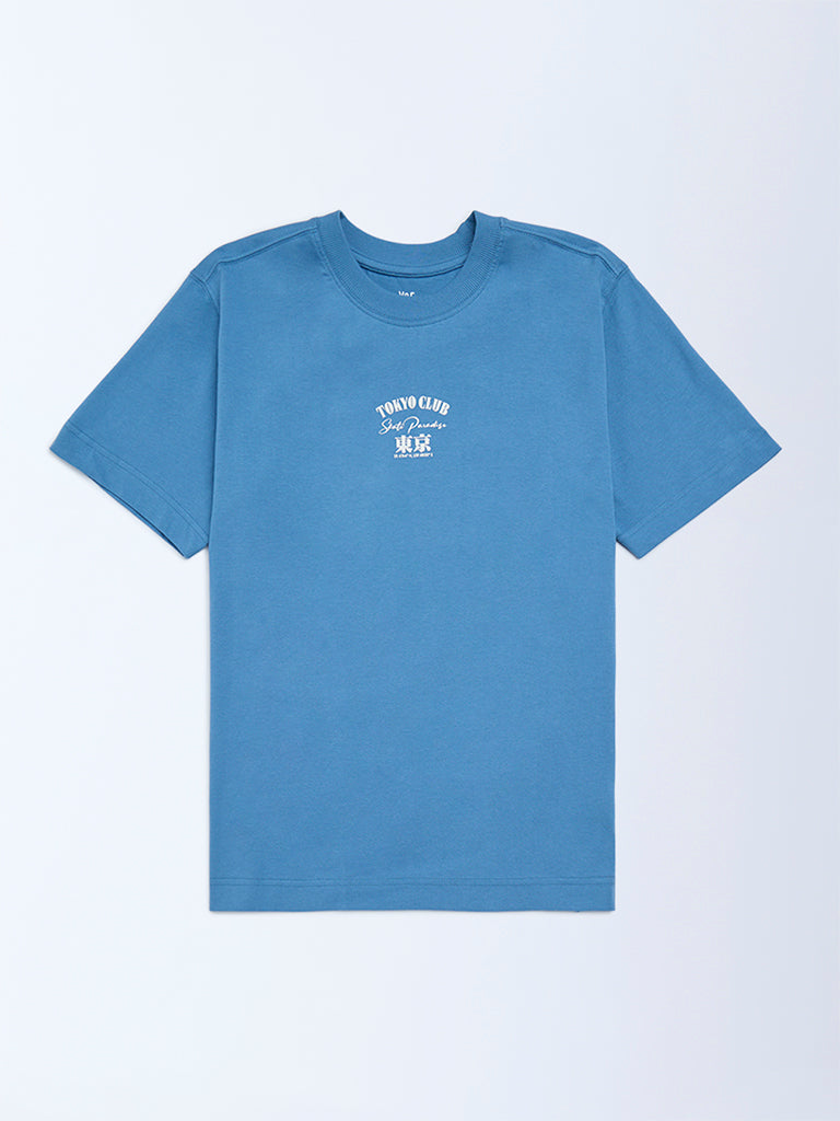 Y&F Kids Blue Printed Cotton T-Shirt