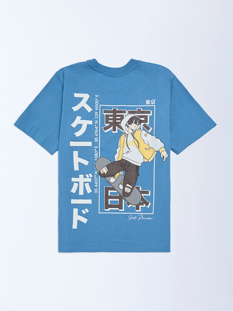 Y&F Kids Blue Printed Cotton T-Shirt