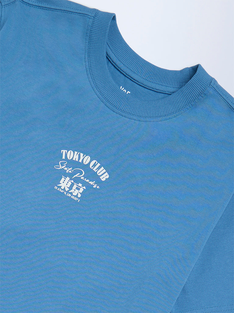 Y&F Kids Blue Printed Cotton T-Shirt