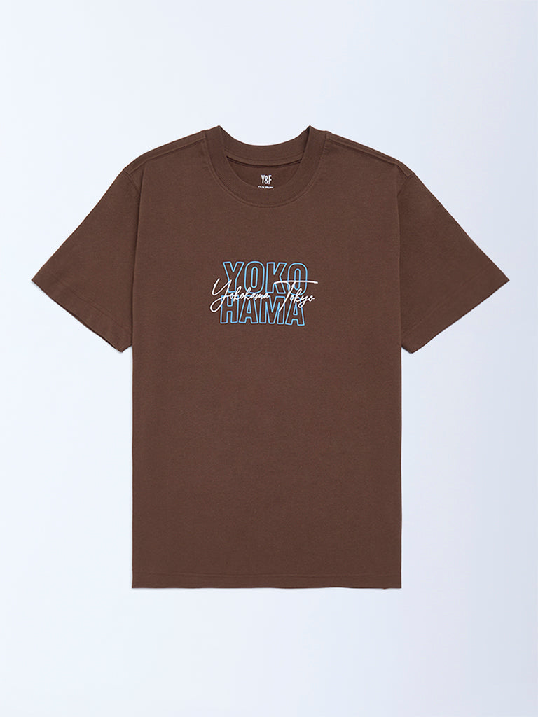 Y&F Kids Brown Printed Cotton T-Shirt
