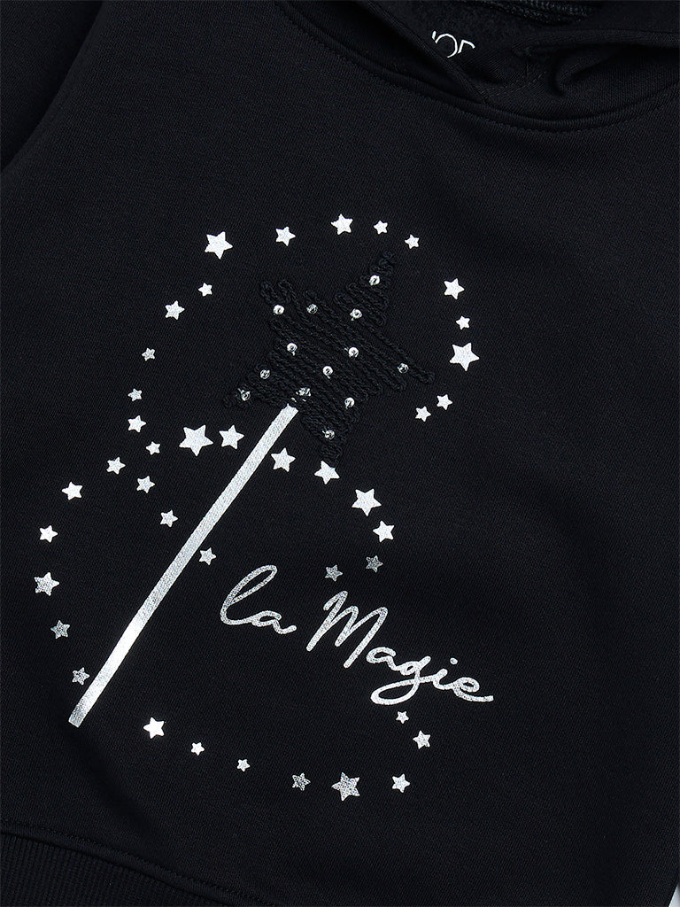 HOP Kids Black Printed Cotton-Blend Hoodie