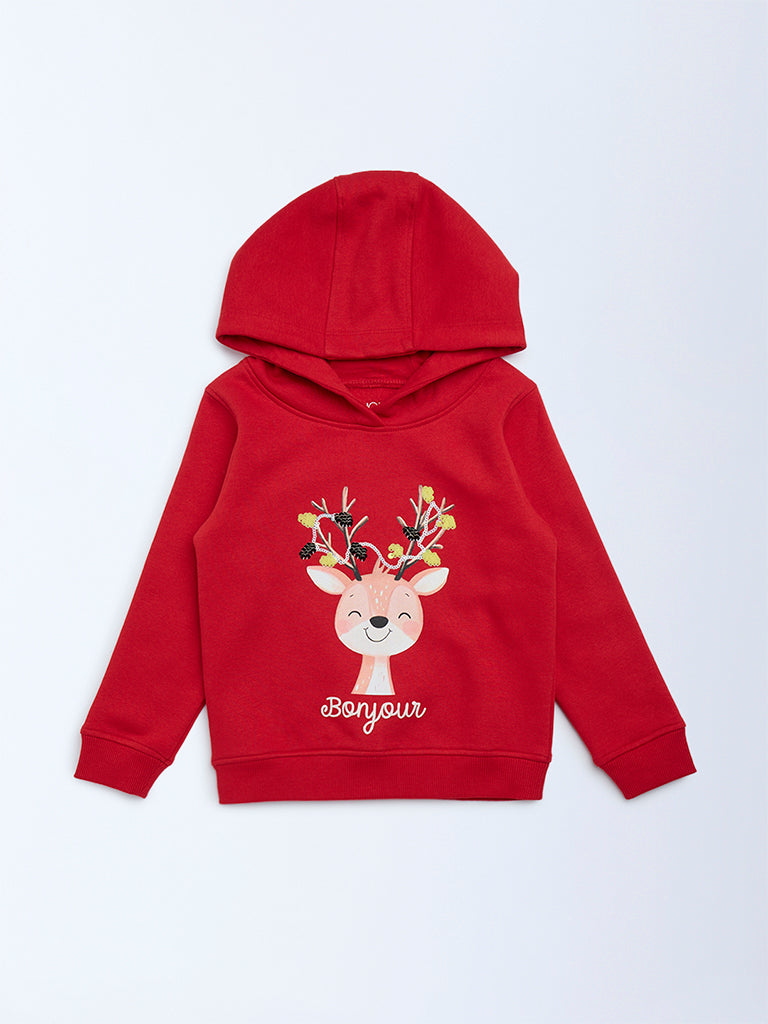 HOP Kids Red Reindeer Design Cotton-Blend Hoodie