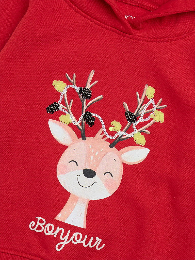 HOP Kids Red Reindeer Design Cotton-Blend Hoodie
