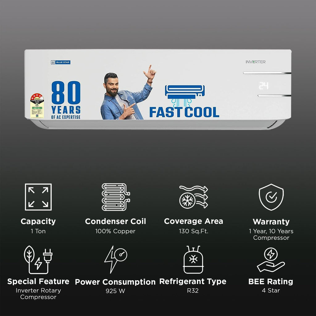 Blue Star Y Series 5 in 1 Convertible 1 Ton 4 Star Inverter Split AC with Dust Filter (Copper Condenser, IC412YNU)