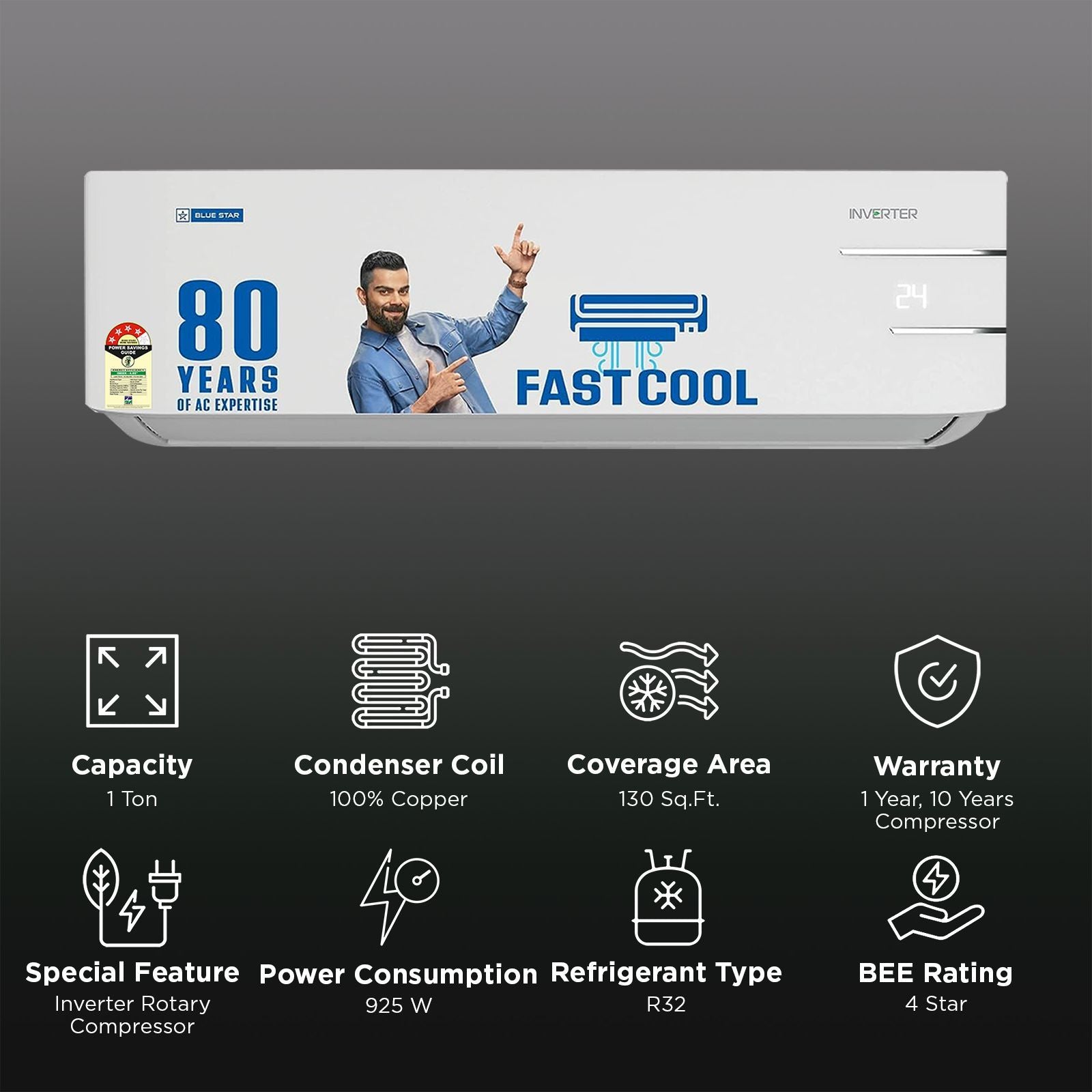 Blue Star Y Series 5 in 1 Convertible 1 Ton 4 Star Inverter Split AC with Dust Filter (Copper Condenser, IC412YNU)
