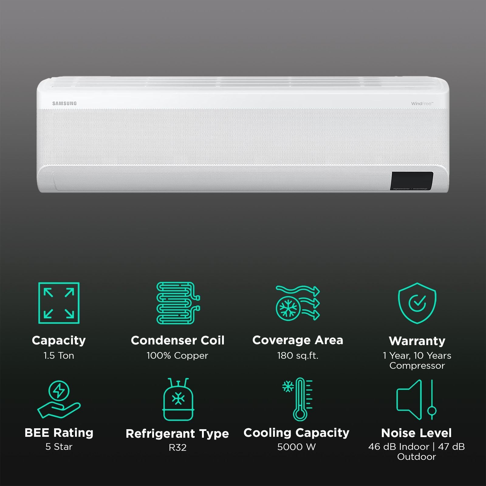 SAMSUNG CY 4 in 1 Convertible 1.5 Ton 5 Star Inverter Split Smart AC with AI Auto Cooling (Copper Condenser, AR18CY5AMWKNNA)