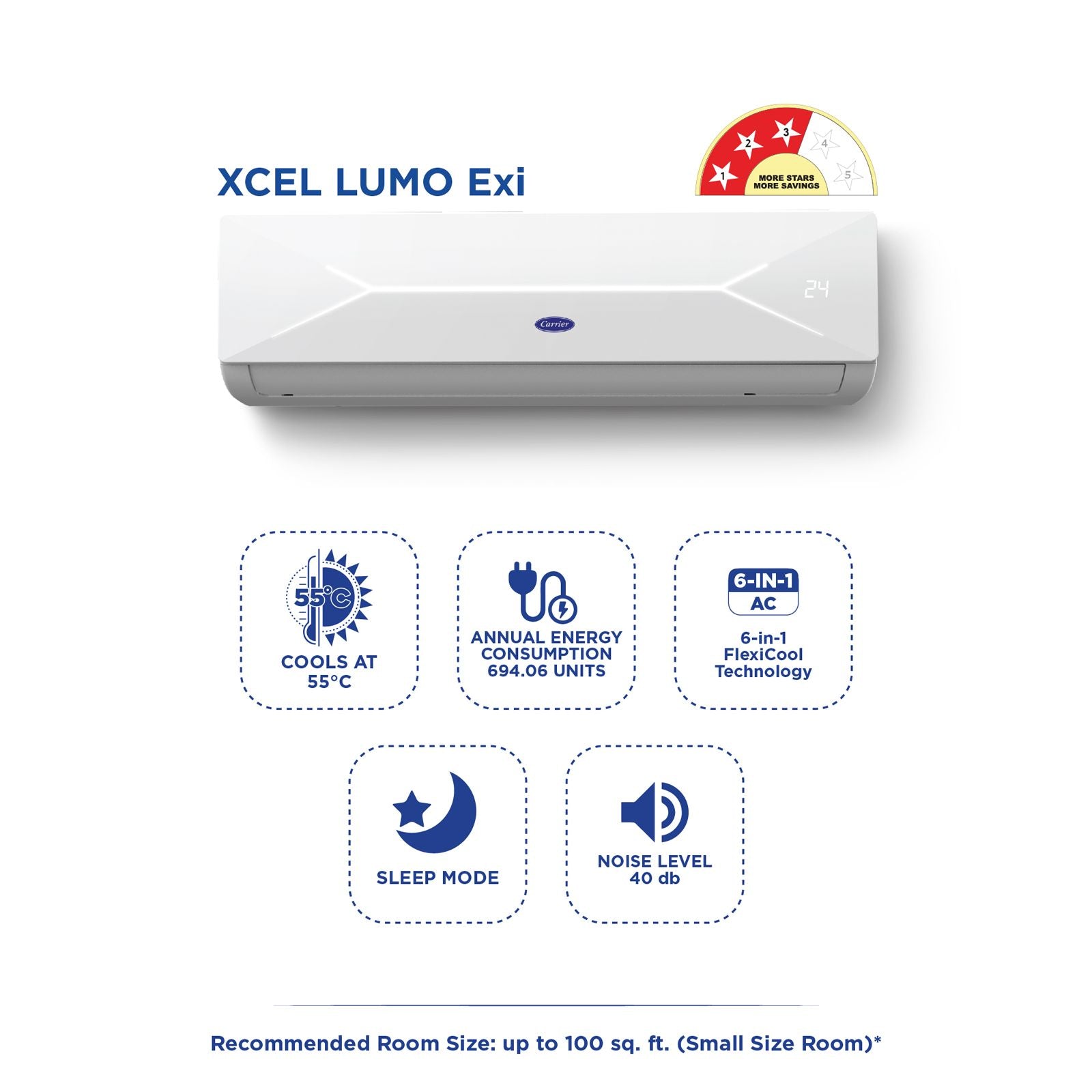 Carrier Xcel Lumo Exi 6 in 1 Convertible 1 Ton 3 Star Inverter Split AC with Auto Cleanser (Copper Condenser, CAI12CL3R34F0)