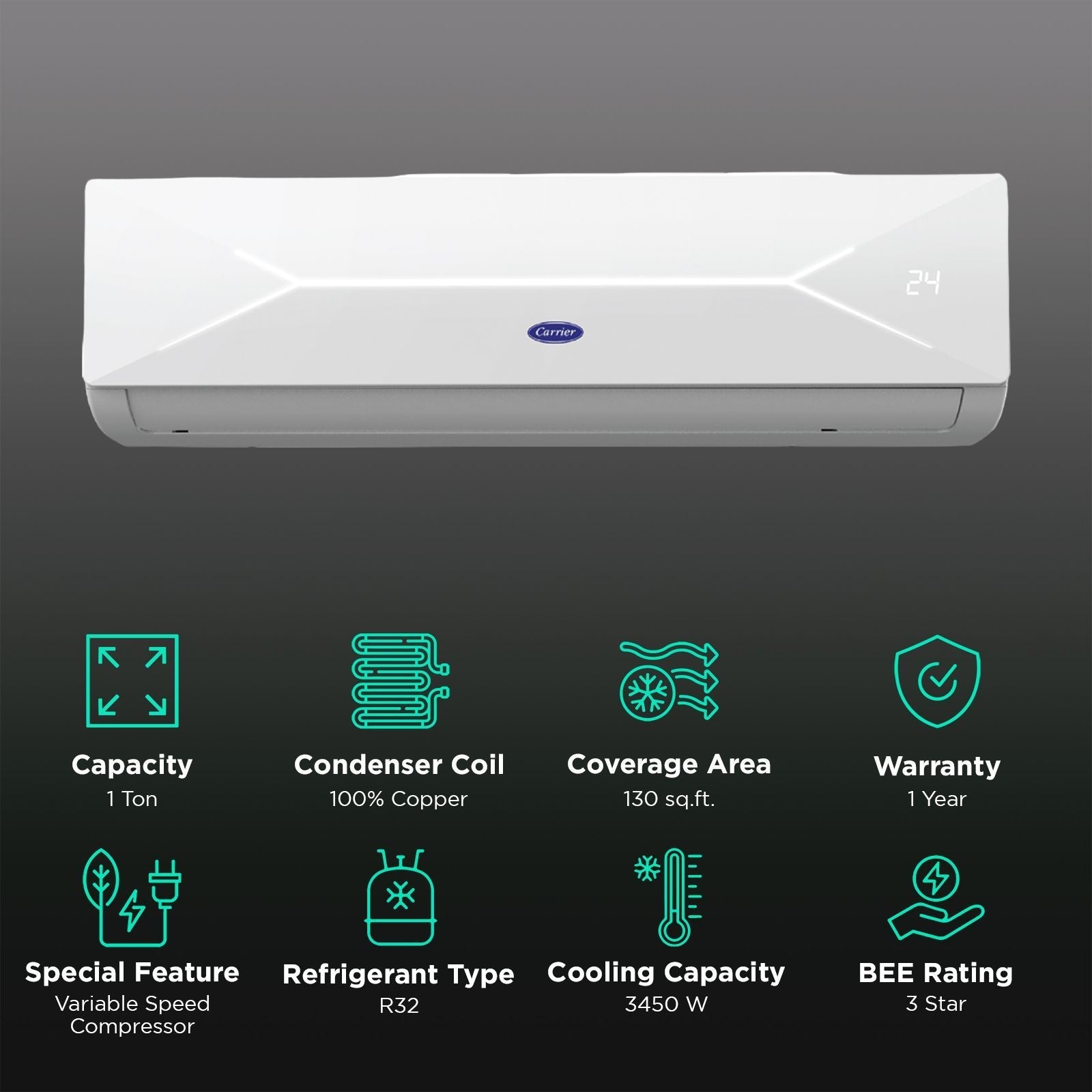 Carrier Xcel Lumo Exi 6 in 1 Convertible 1 Ton 3 Star Inverter Split AC with Auto Cleanser (Copper Condenser, CAI12CL3R34F0)