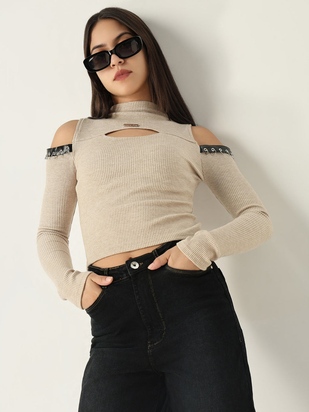 Women's Beige Solid High Neck Acrylic Top