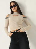 Women's Beige Solid High Neck Acrylic Top