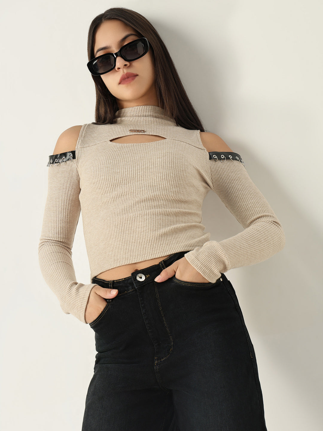 Women's Beige Solid High Neck Acrylic Top