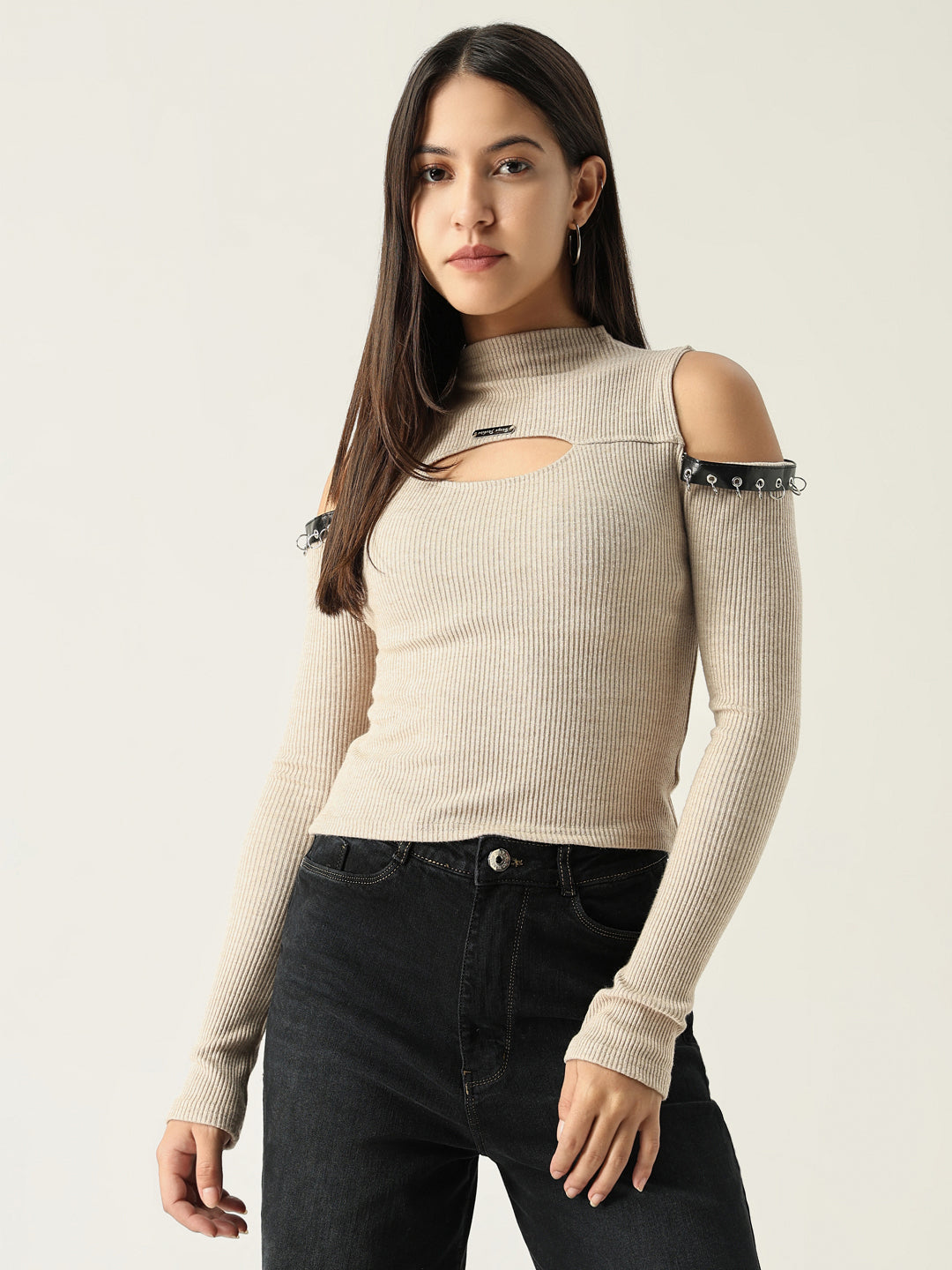 Women's Beige Solid High Neck Acrylic Top