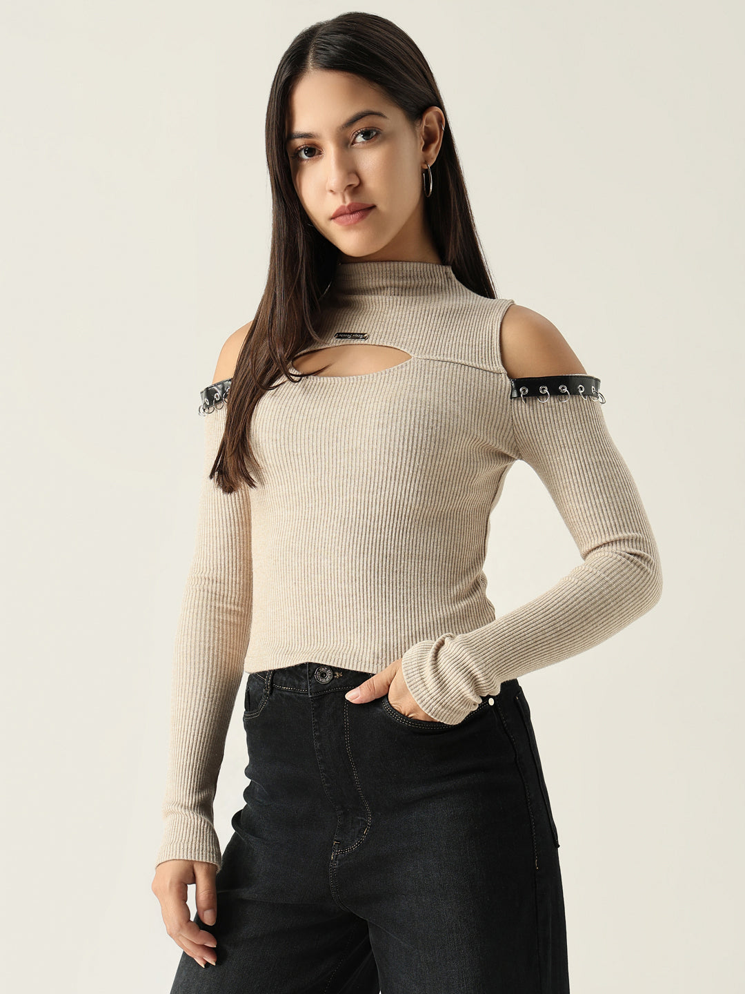 Women's Beige Solid High Neck Acrylic Top