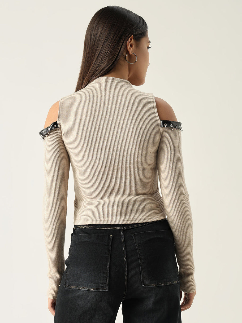 Women's Beige Solid High Neck Acrylic Top