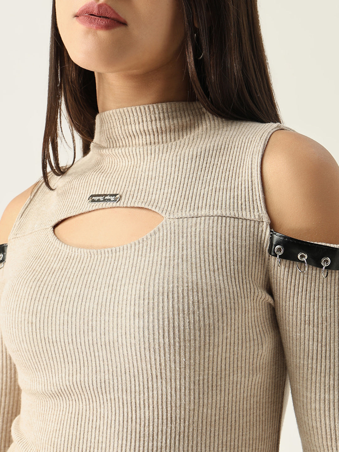 Women's Beige Solid High Neck Acrylic Top