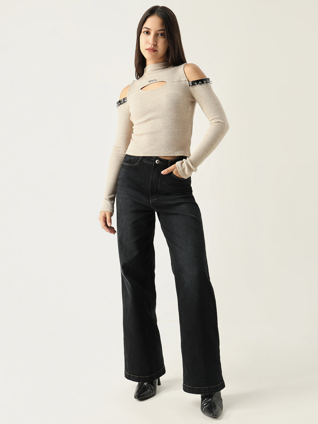 Women's Beige Solid High Neck Acrylic Top