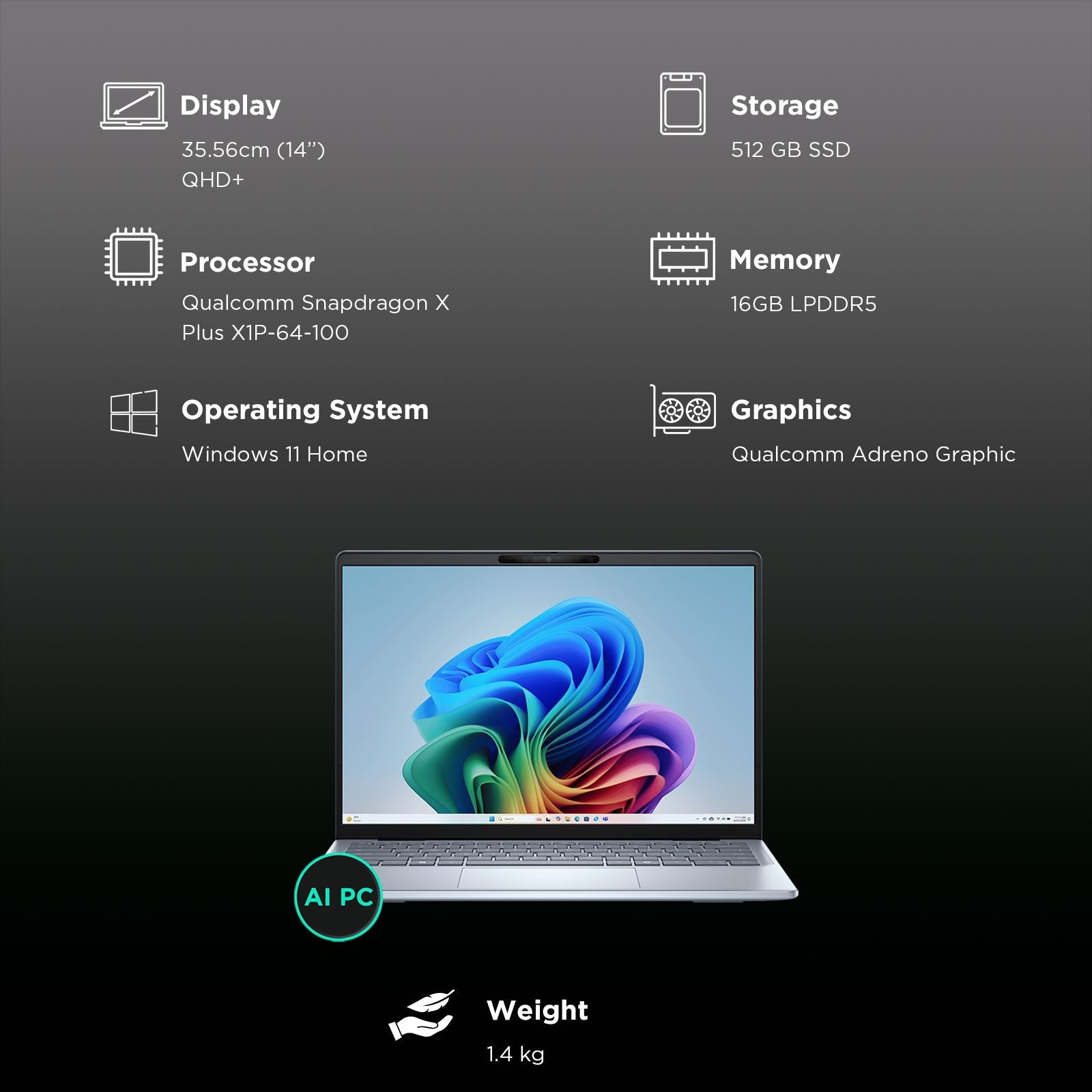 DELL Inspiron 14 Plus Snapdragon X Plus Touchscreen Thin & Light Laptop (16GB, 512GB SSD, Windows 11 Home, 14 inch QHD Plus IPS Display, MS Office 2021, Ice Blue, 1.40 KG)