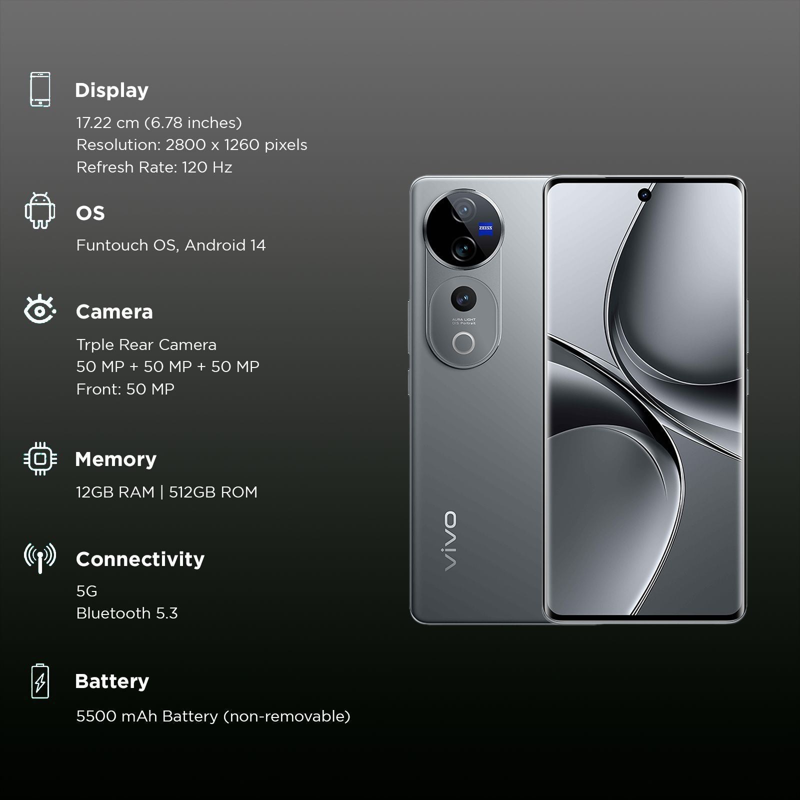 vivo V40 Pro 5G (12GB RAM, 512GB, Titanium Grey)