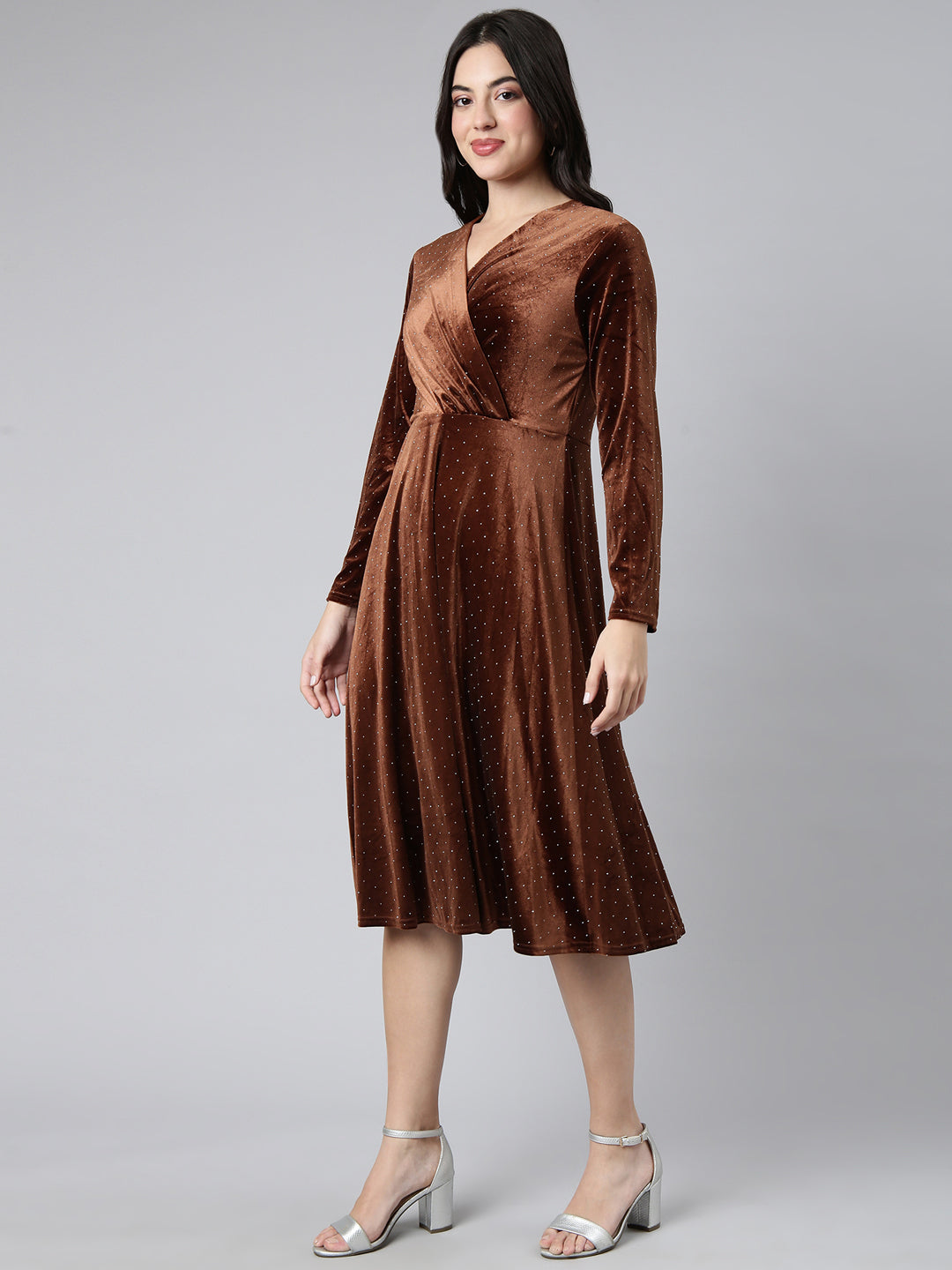 Women's Brown Print Velvet A-Line Midi Dress